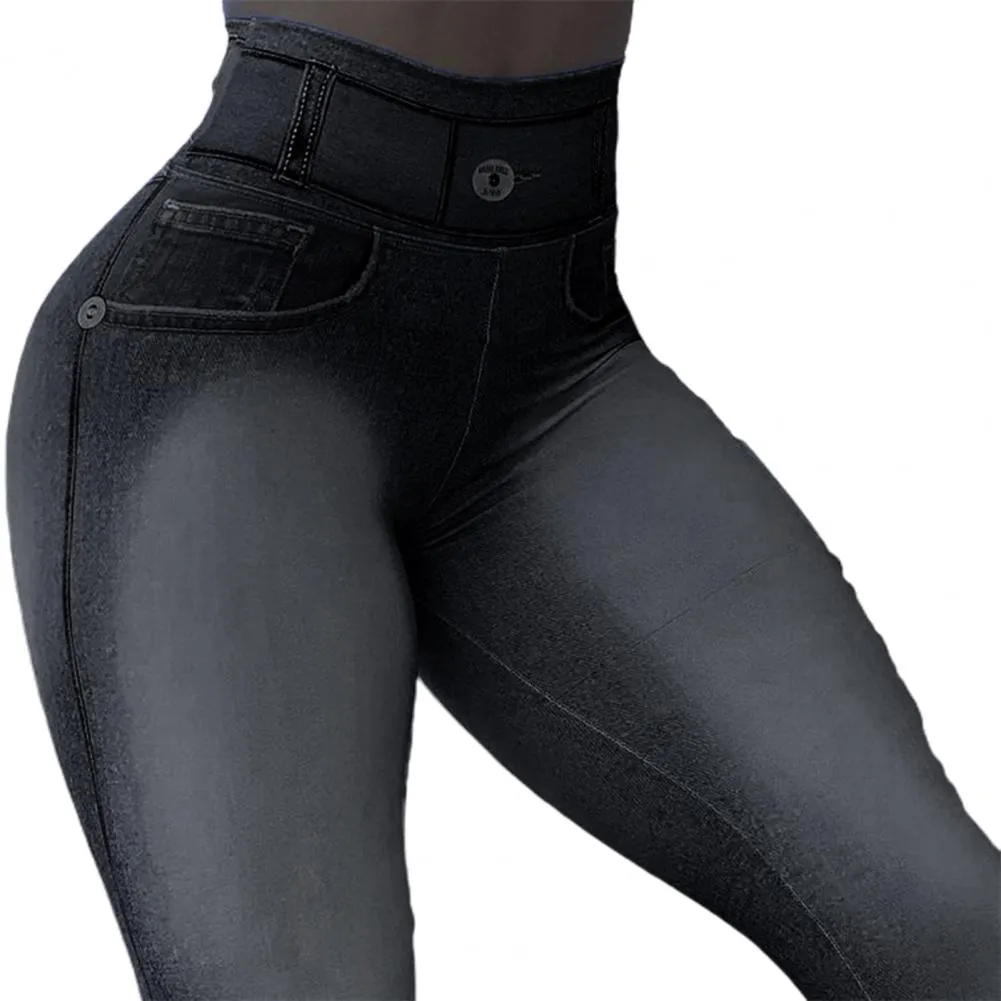 Stylish Sports Leggings High Waist Stretchy Moisture Wicking Push Up Imitation Jeans Skinny Women Yoga Pants