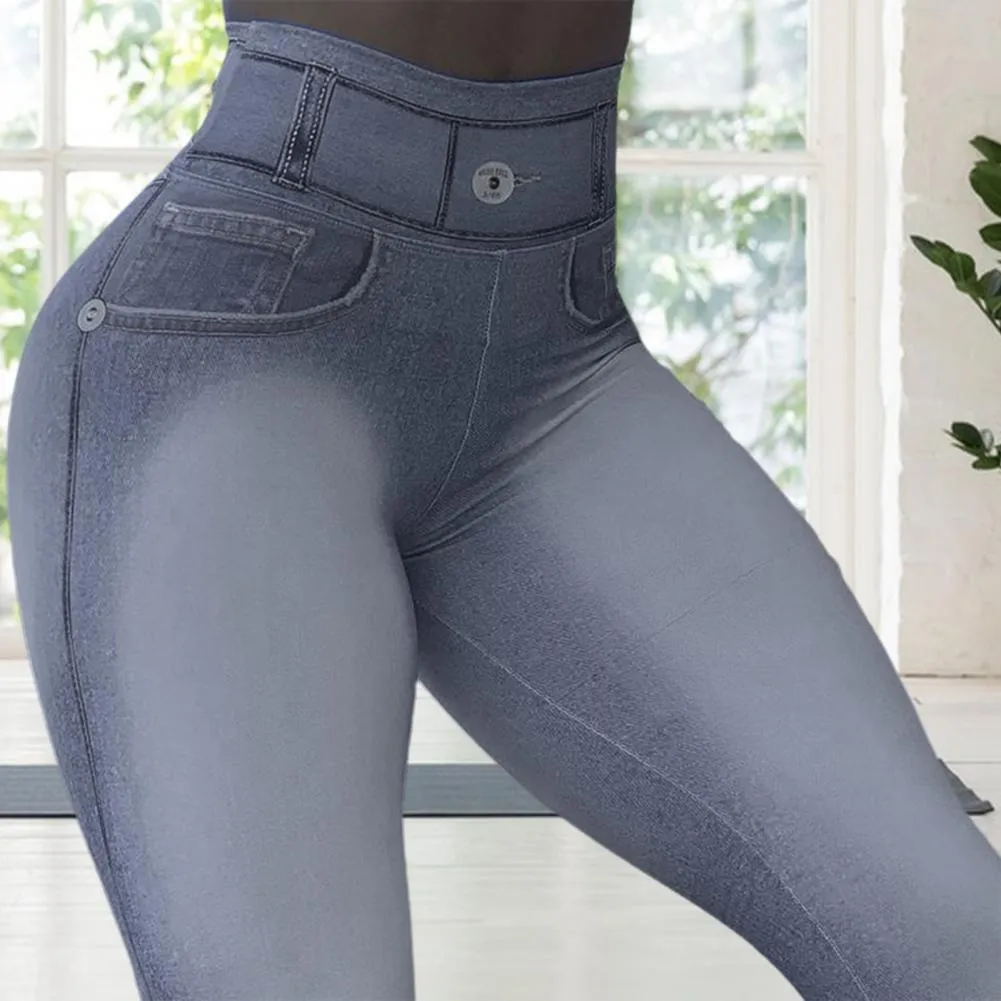 Stylish Sports Leggings High Waist Stretchy Moisture Wicking Push Up Imitation Jeans Skinny Women Yoga Pants