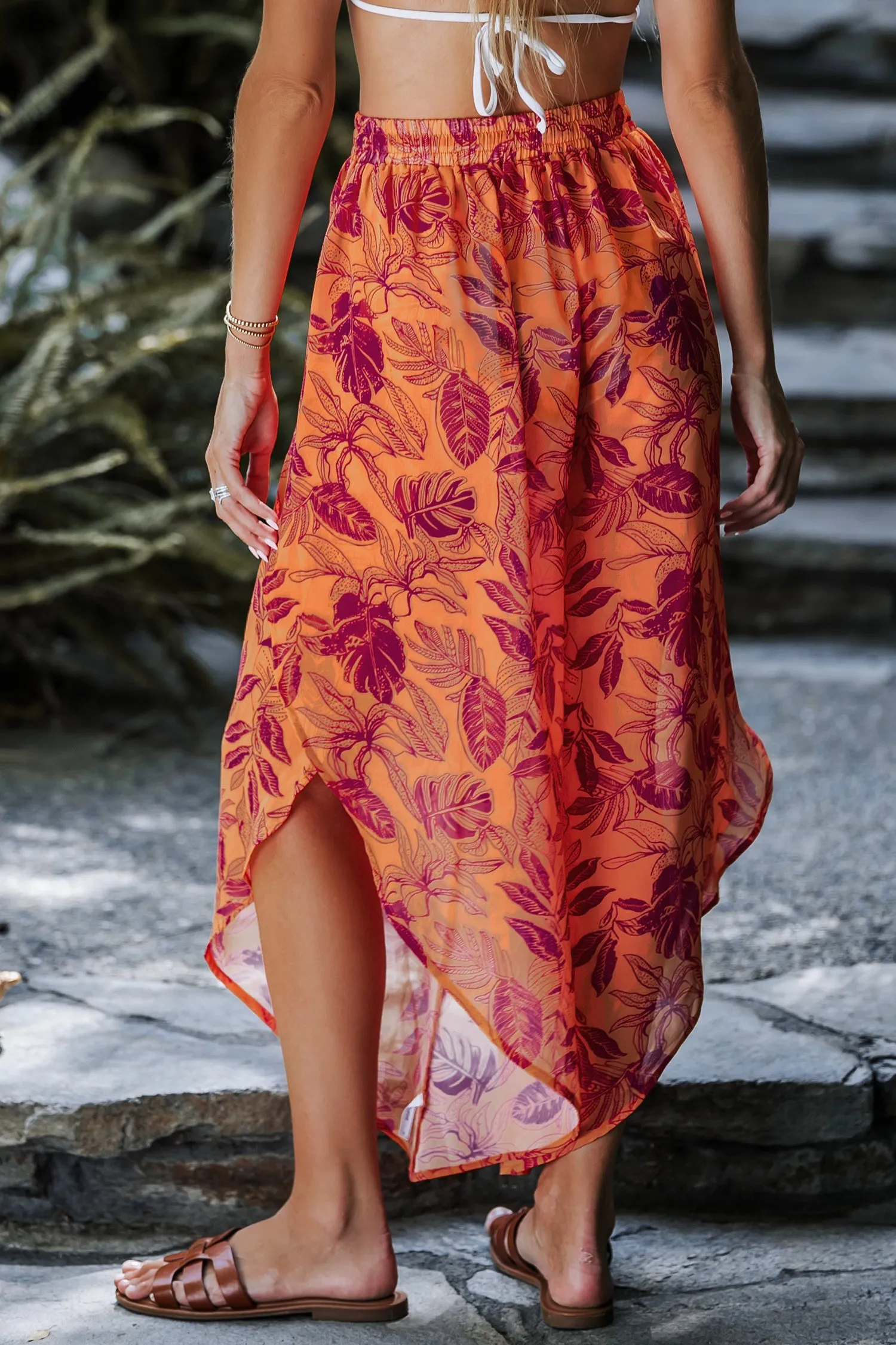 Tropical Leaf Print Tassel Tie Cover-Up Pants