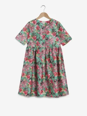 Utsa Kids Sea Green Floral Printed Dress