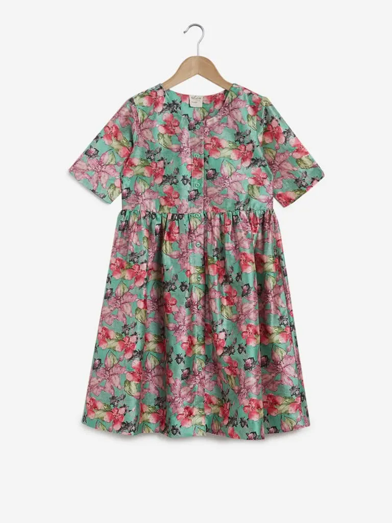 Utsa Kids Sea Green Floral Printed Dress