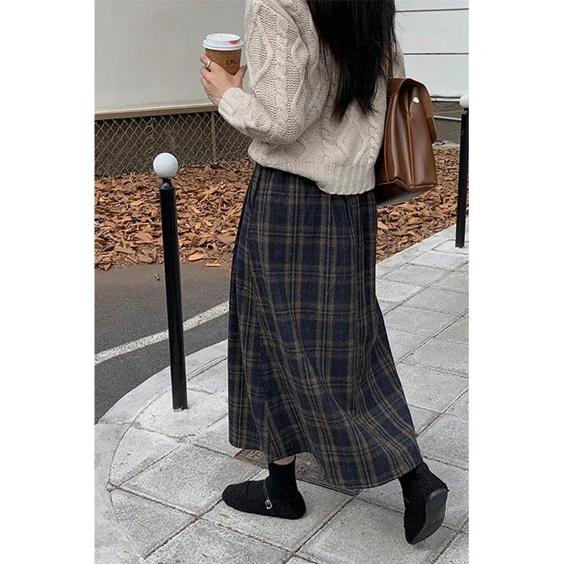 Vintage Plaid Midi Skirts Women Harajuku Woolen A Ine Skirt Winter Ladies Streetwear Korean High Waist Casual Faldas New