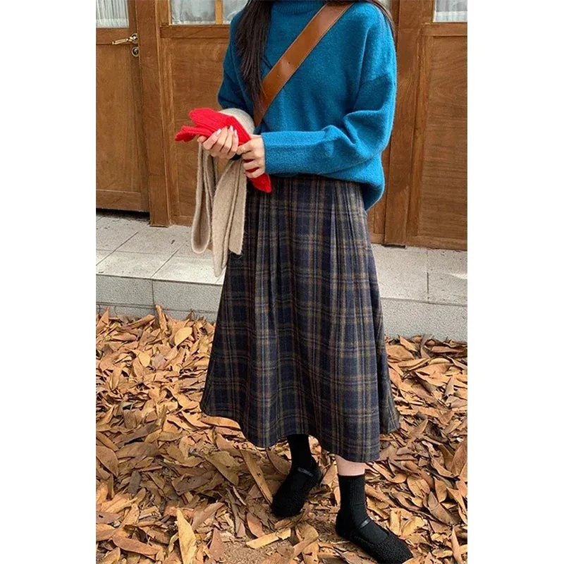 Vintage Plaid Midi Skirts Women Harajuku Woolen A Ine Skirt Winter Ladies Streetwear Korean High Waist Casual Faldas New