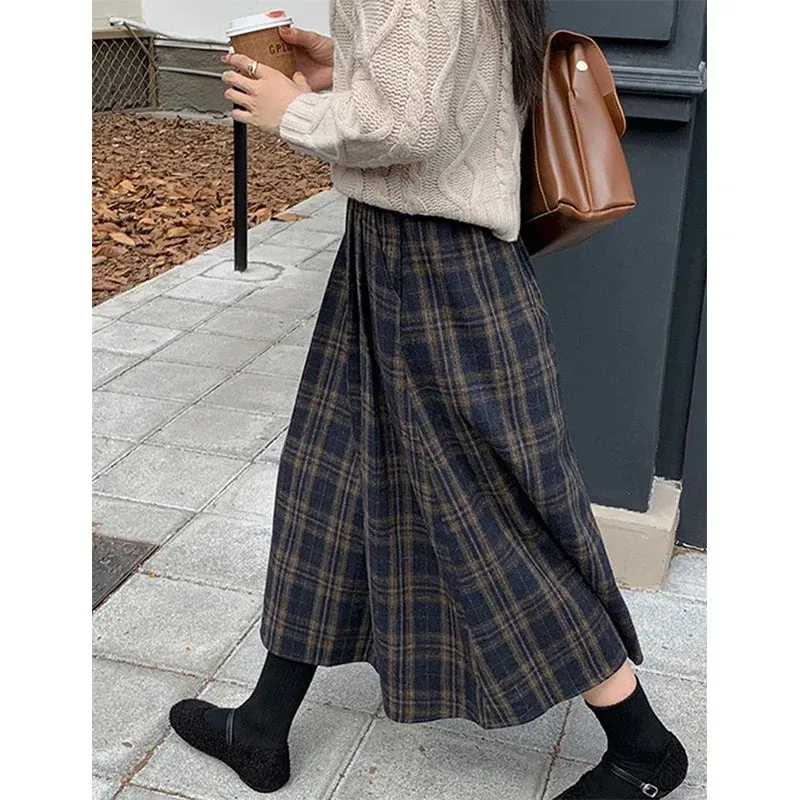 Vintage Plaid Midi Skirts Women Harajuku Woolen A Ine Skirt Winter Ladies Streetwear Korean High Waist Casual Faldas New