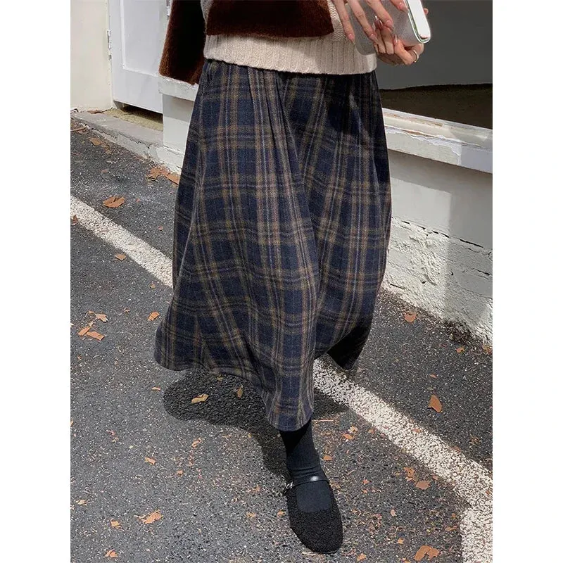 Vintage Plaid Midi Skirts Women Harajuku Woolen A Ine Skirt Winter Ladies Streetwear Korean High Waist Casual Faldas New