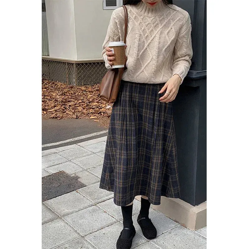 Vintage Plaid Midi Skirts Women Harajuku Woolen A Ine Skirt Winter Ladies Streetwear Korean High Waist Casual Faldas New