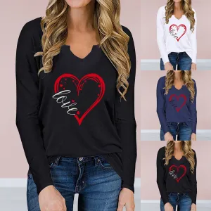 Vneck ValentineDay Printed Tshirt Cross Border long Sleeved Loose Top