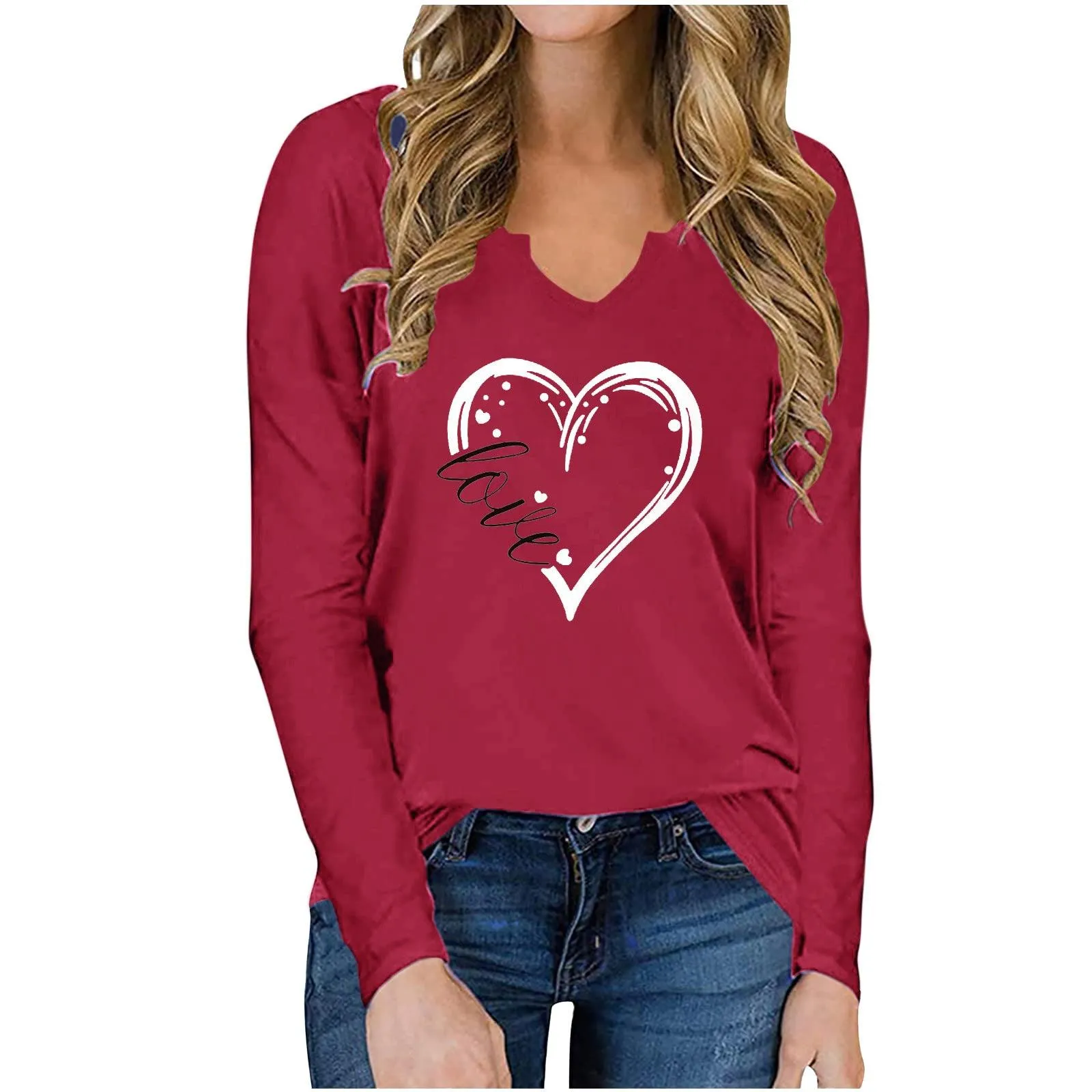 Vneck ValentineDay Printed Tshirt Cross Border long Sleeved Loose Top