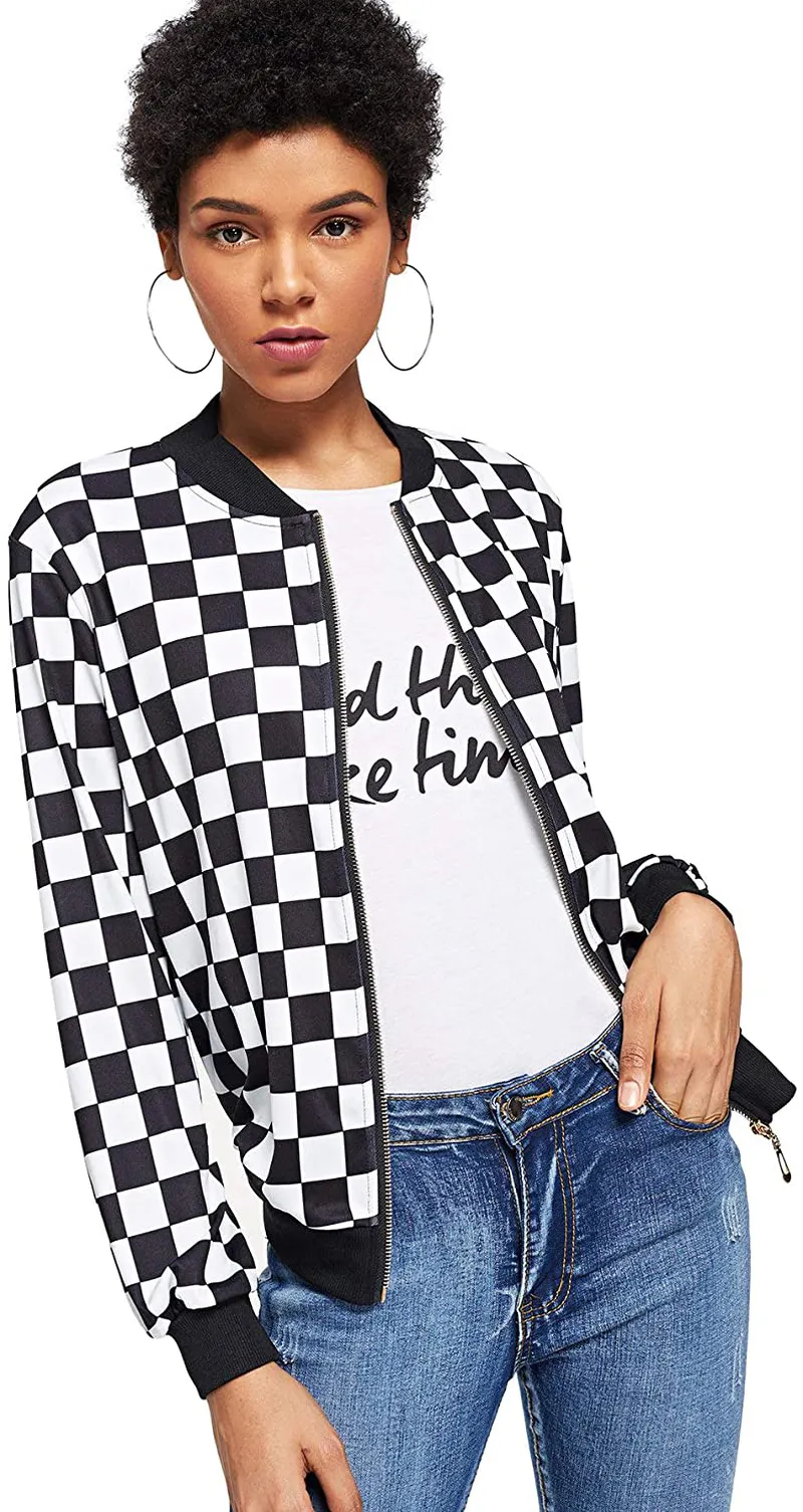 WDIRARA Women's Zip Front Plaid Print Long Sleeve Stand Collar Casual Jacket