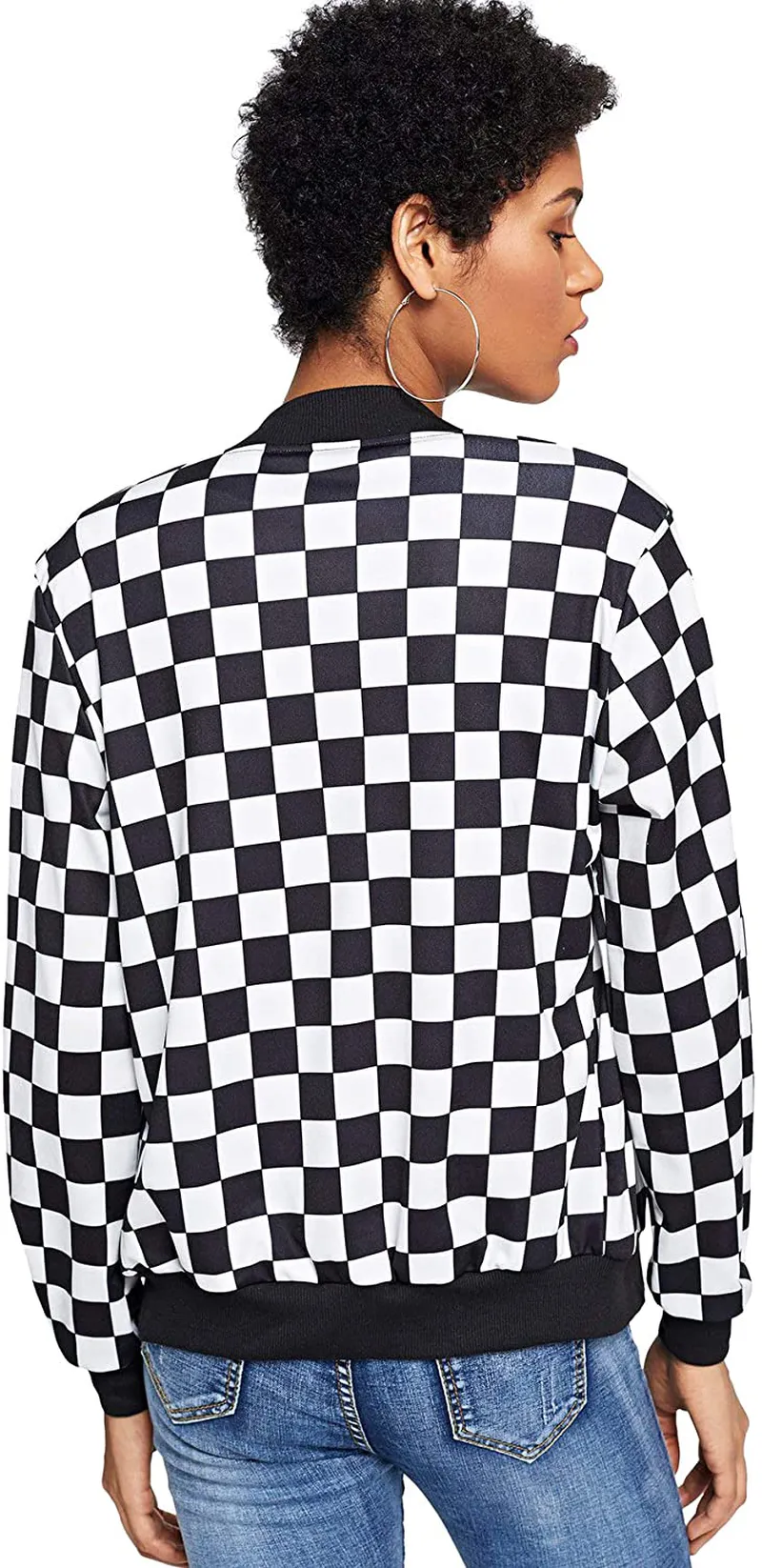 WDIRARA Women's Zip Front Plaid Print Long Sleeve Stand Collar Casual Jacket