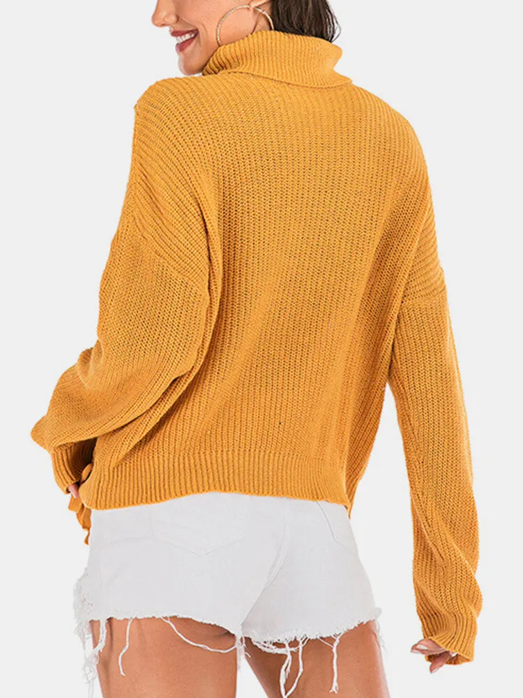 Women Bandage High Neck Pullover Warm Yellow Knitting Sweaters