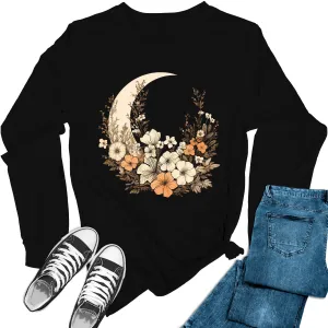 Women's Crescent Floral Moon Long Sleeve Graphic Tees