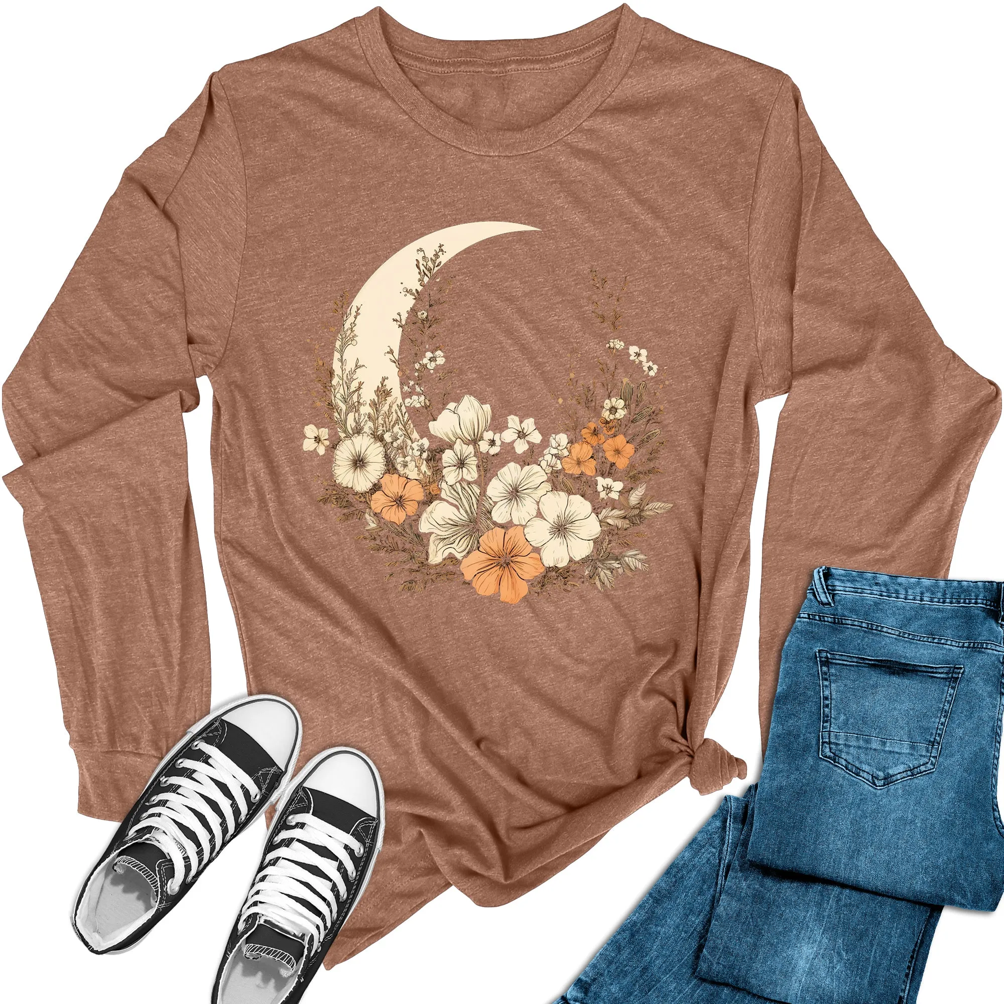 Women's Crescent Floral Moon Long Sleeve Graphic Tees