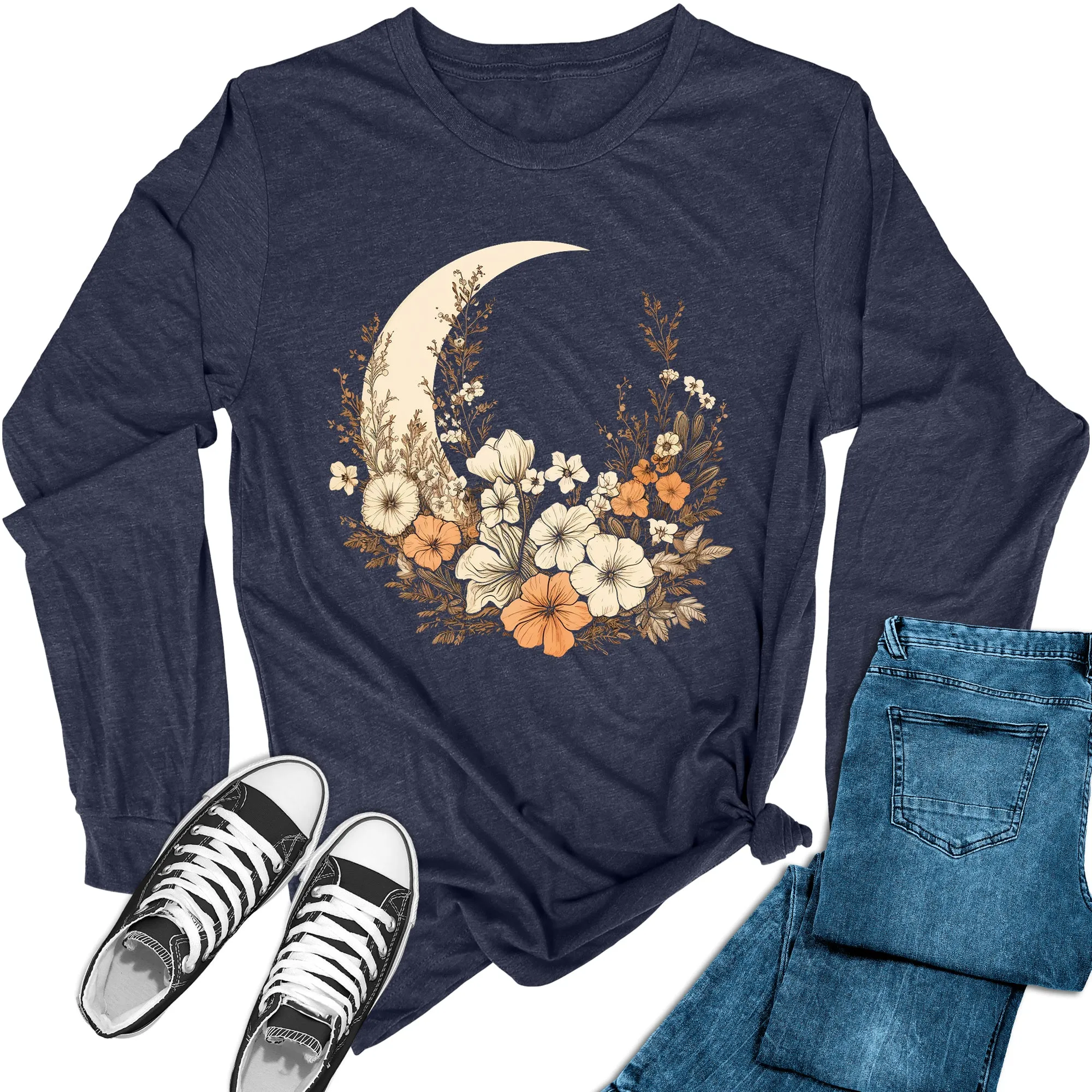 Women's Crescent Floral Moon Long Sleeve Graphic Tees