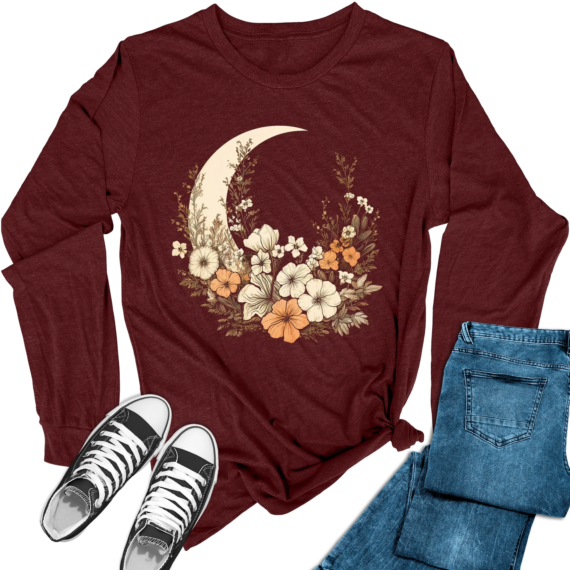 Women's Crescent Floral Moon Long Sleeve Graphic Tees