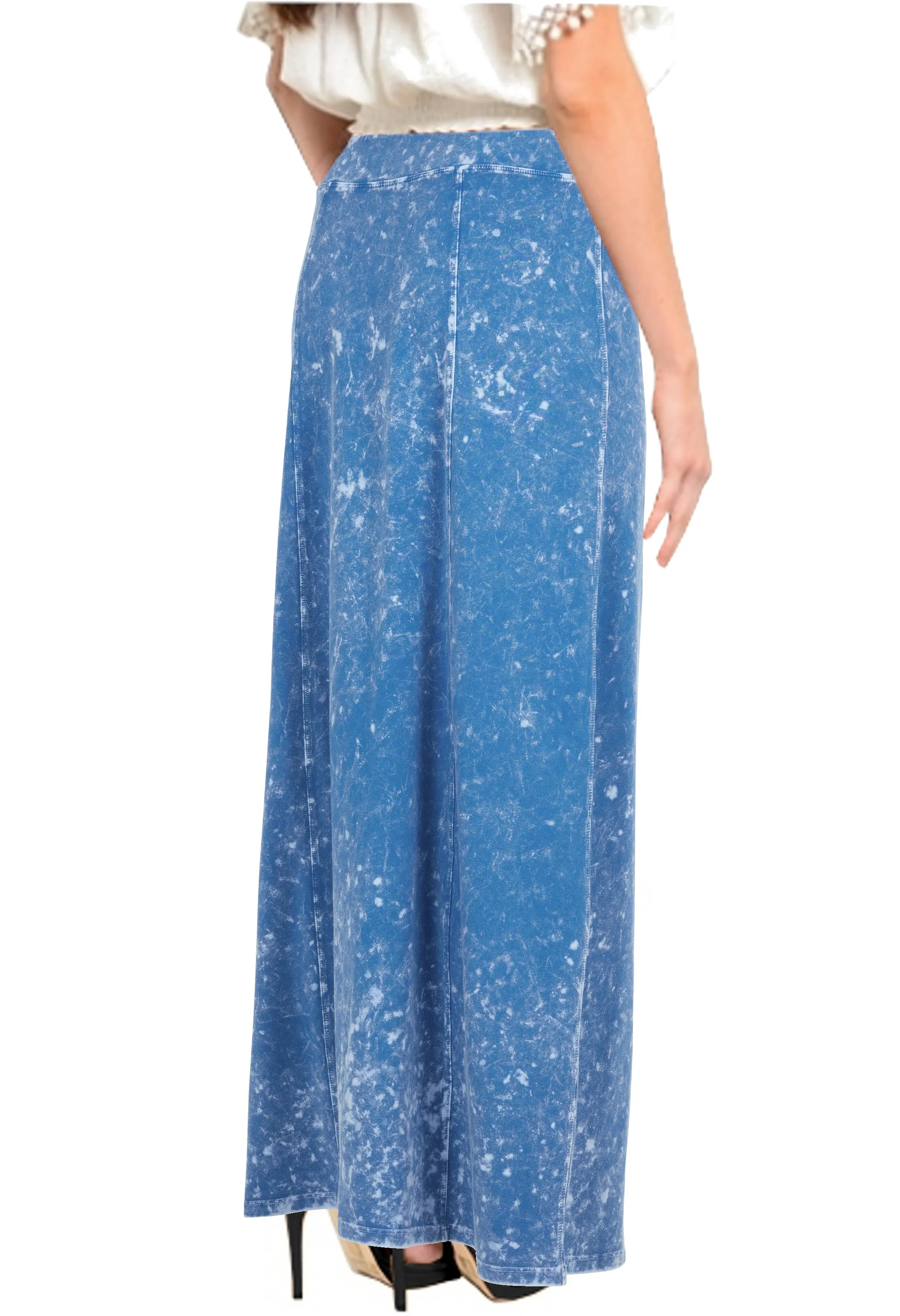 Women's Stretch Knit Acid Wash Panel Maxi A-Line Skirt