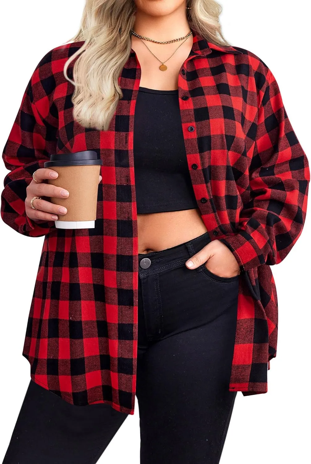 Zeagoo Womens Plus Size Flannel Plaid Shirt Button Down Shirts Long Sleeves Casual Collared Shacket Tops