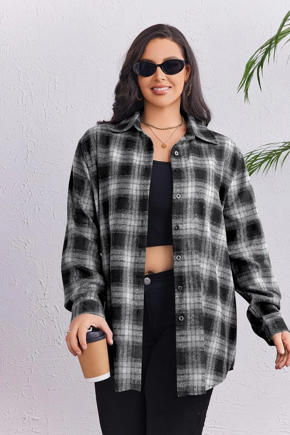 Zeagoo Womens Plus Size Flannel Plaid Shirt Button Down Shirts Long Sleeves Casual Collared Shacket Tops