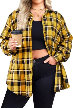 Zeagoo Womens Plus Size Flannel Plaid Shirt Button Down Shirts Long Sleeves Casual Collared Shacket Tops