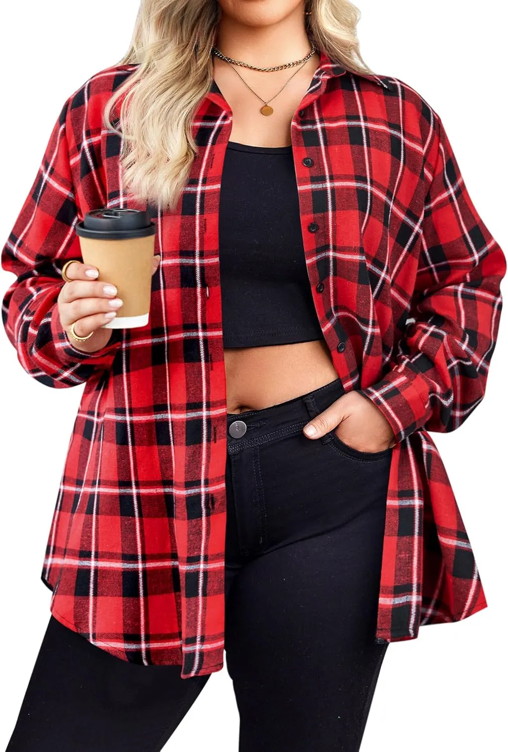 Zeagoo Womens Plus Size Flannel Plaid Shirt Button Down Shirts Long Sleeves Casual Collared Shacket Tops