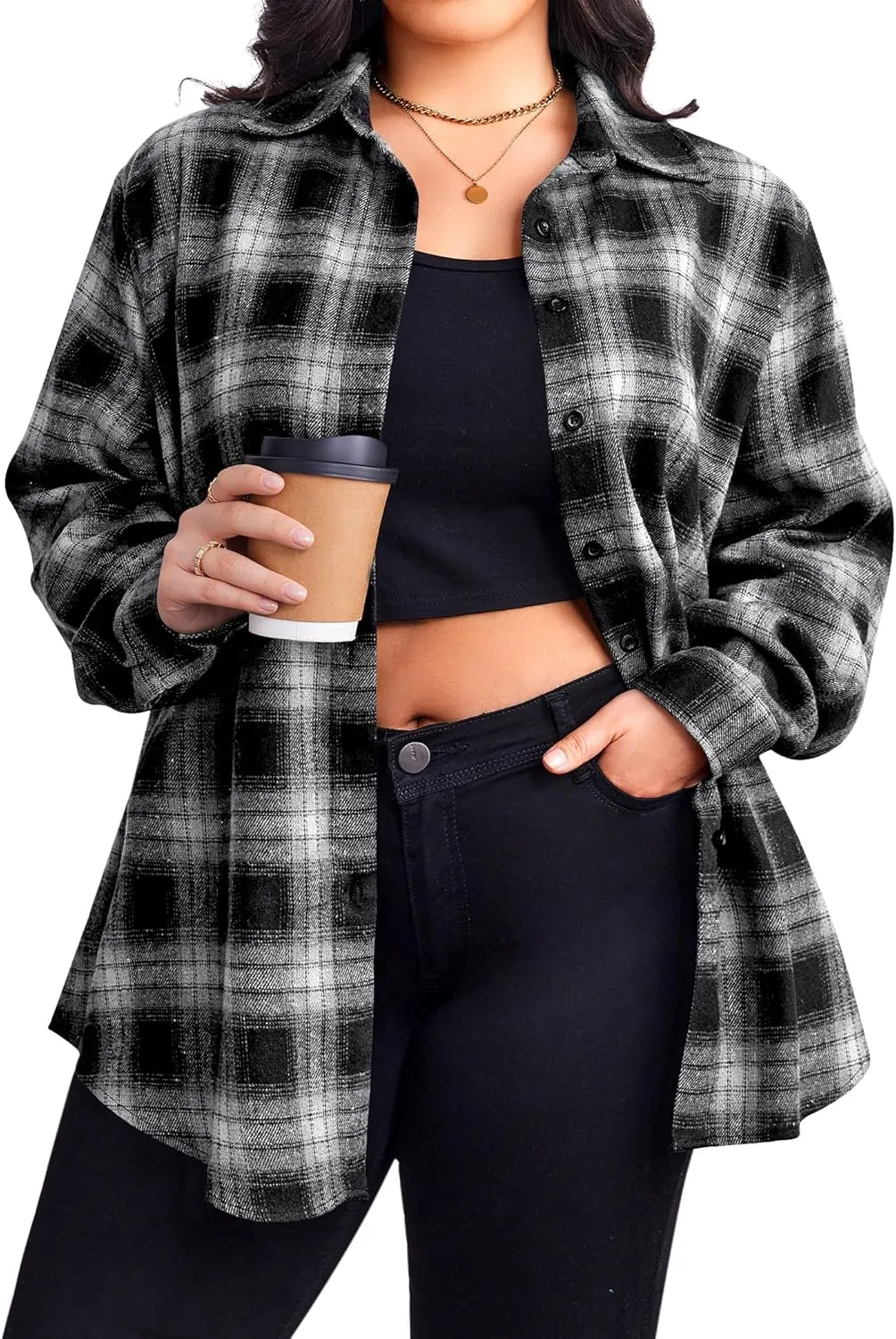 Zeagoo Womens Plus Size Flannel Plaid Shirt Button Down Shirts Long Sleeves Casual Collared Shacket Tops