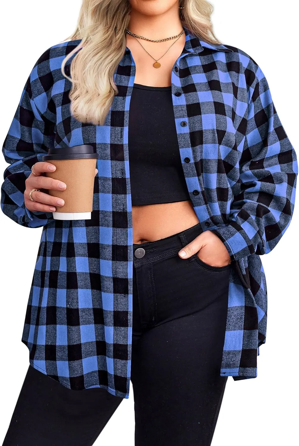 Zeagoo Womens Plus Size Flannel Plaid Shirt Button Down Shirts Long Sleeves Casual Collared Shacket Tops