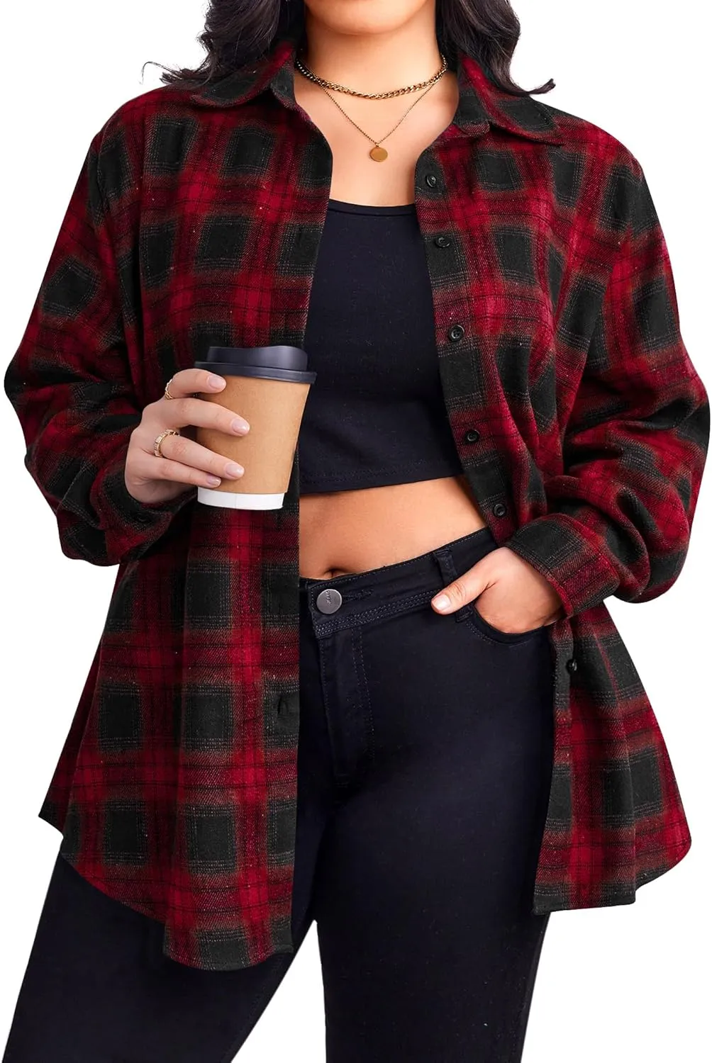 Zeagoo Womens Plus Size Flannel Plaid Shirt Button Down Shirts Long Sleeves Casual Collared Shacket Tops