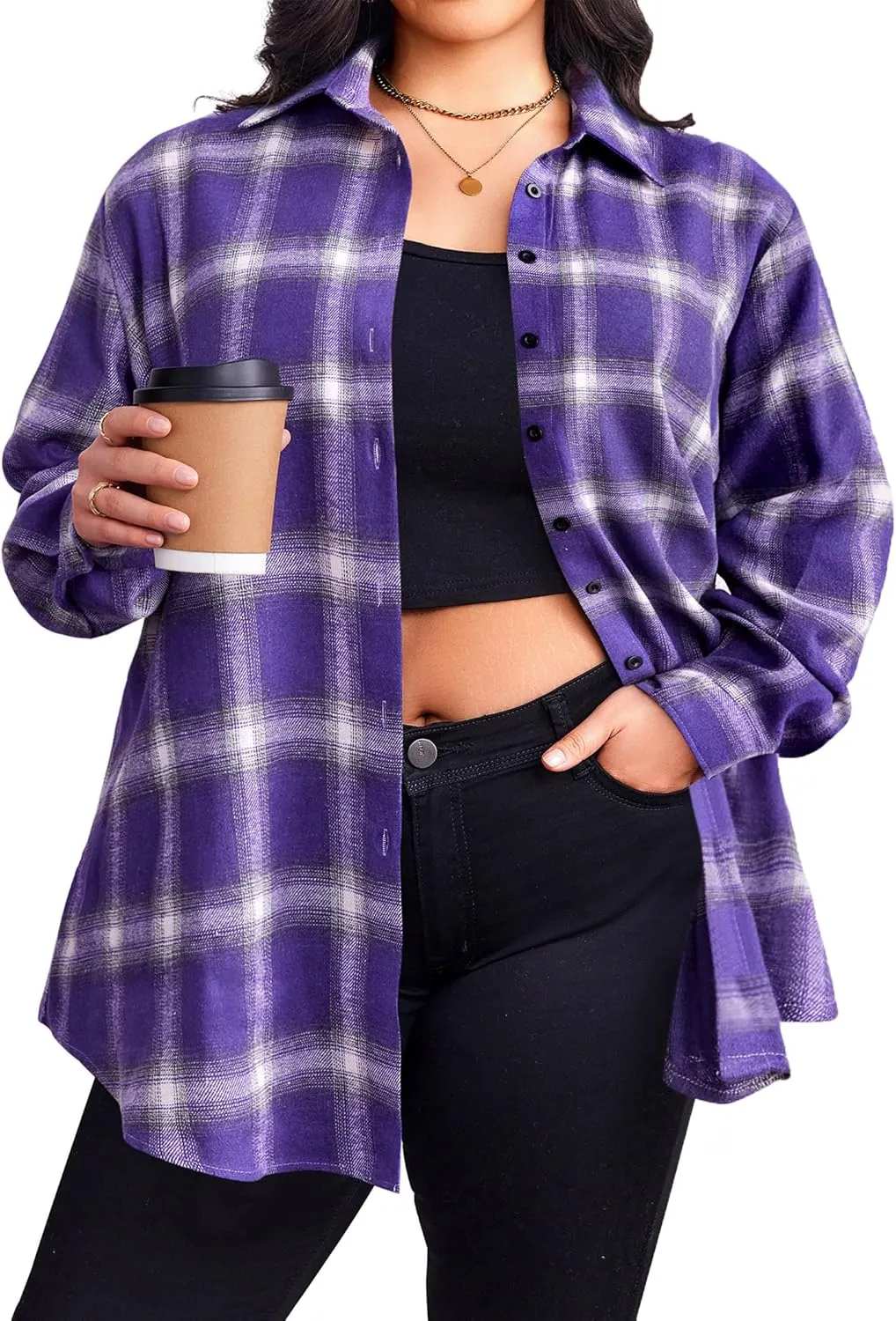 Zeagoo Womens Plus Size Flannel Plaid Shirt Button Down Shirts Long Sleeves Casual Collared Shacket Tops