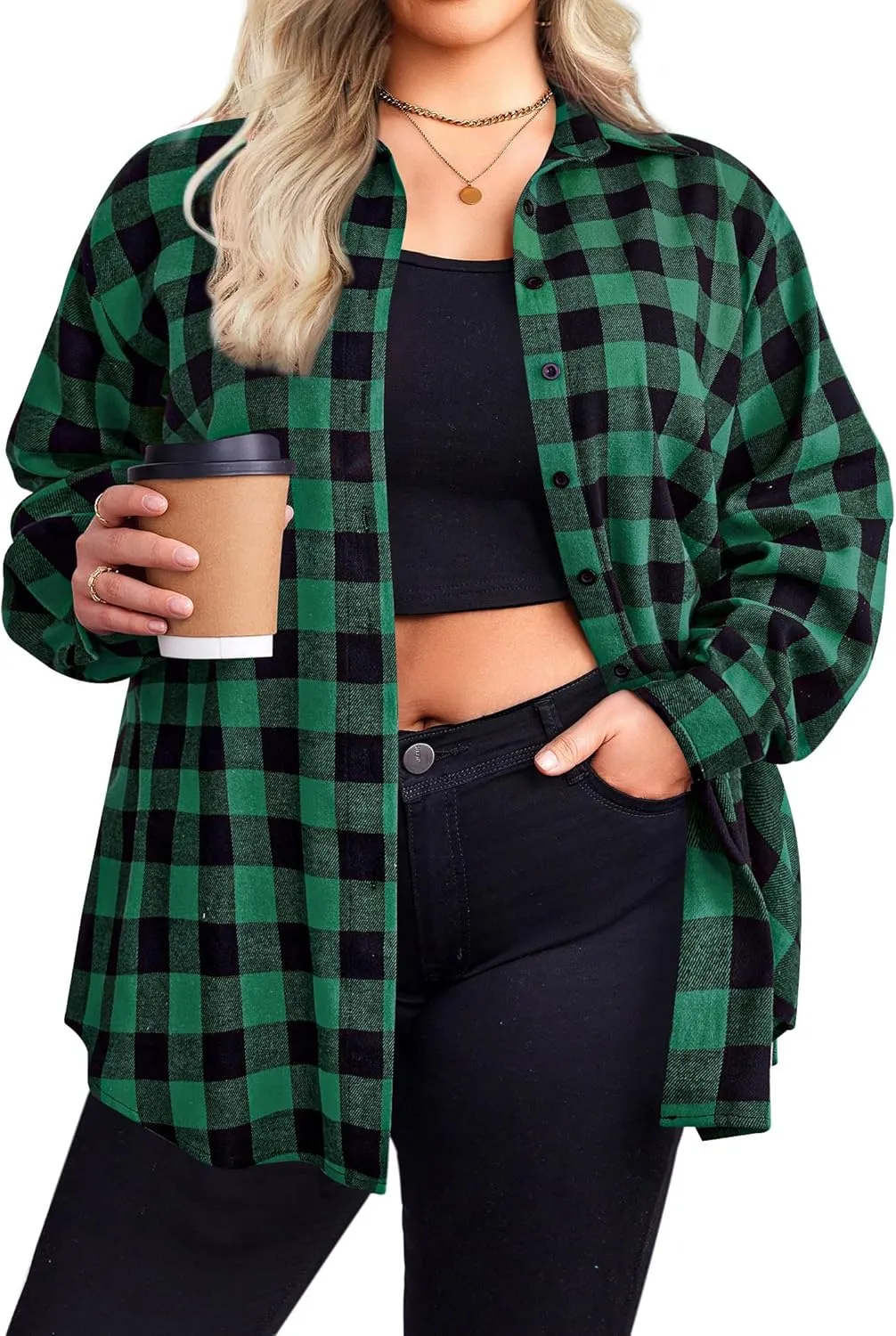 Zeagoo Womens Plus Size Flannel Plaid Shirt Button Down Shirts Long Sleeves Casual Collared Shacket Tops