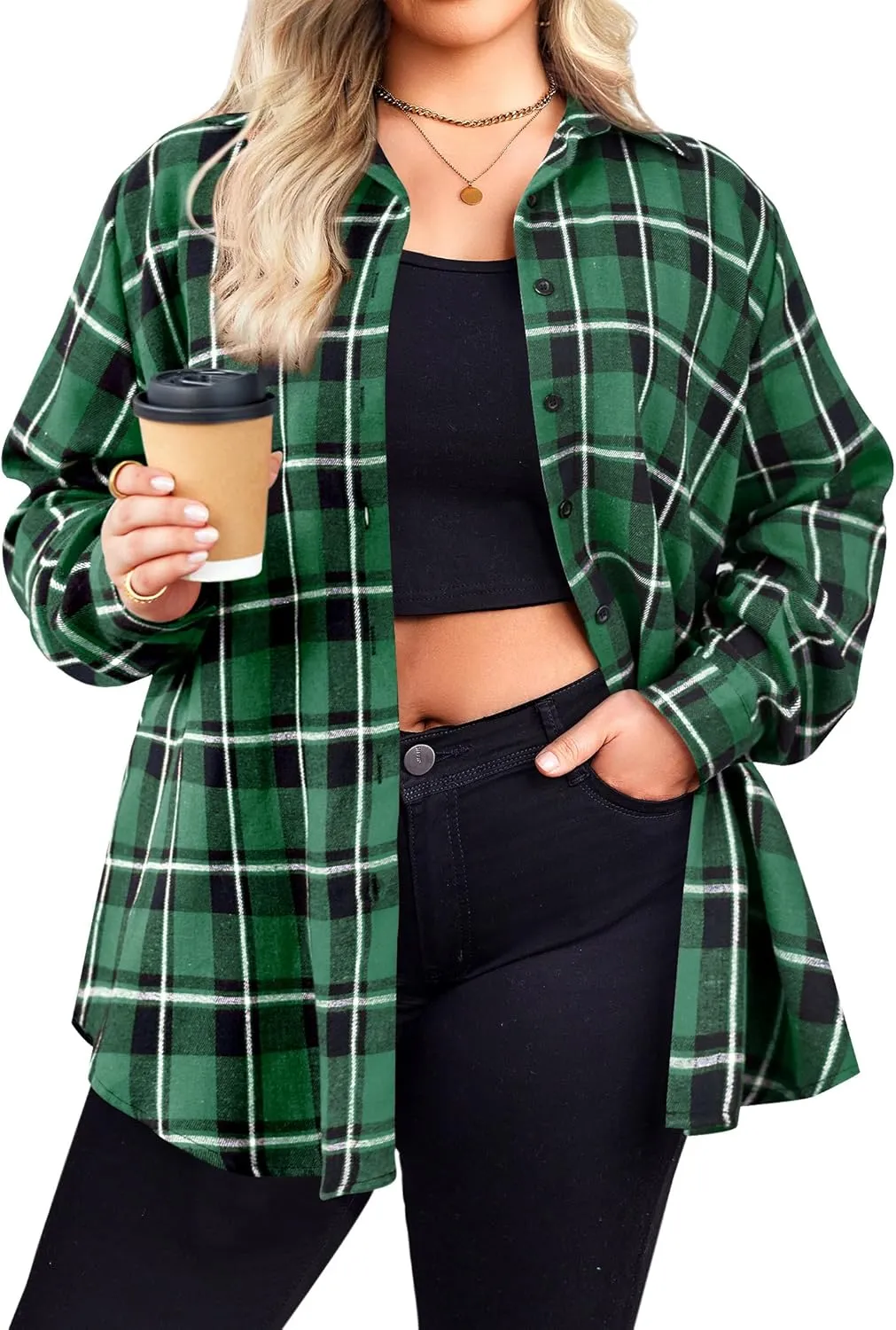 Zeagoo Womens Plus Size Flannel Plaid Shirt Button Down Shirts Long Sleeves Casual Collared Shacket Tops